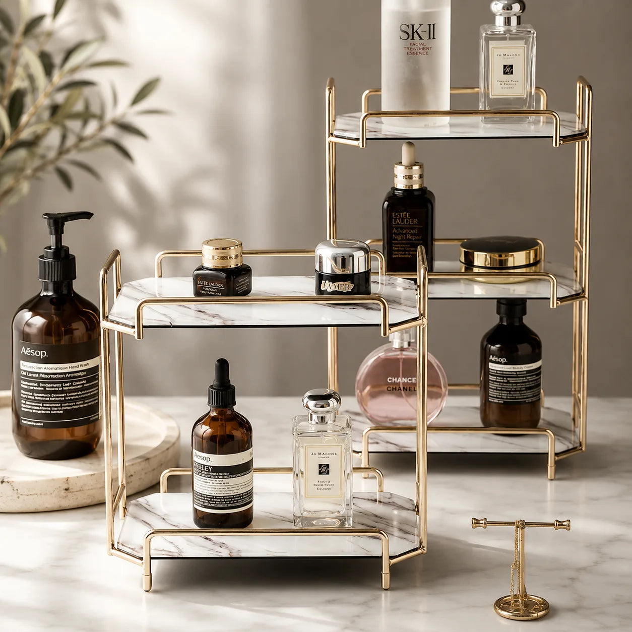 ORENVY Marble-Style Vanity Organizer – Gold Metal Multi-Tier Storage Rack