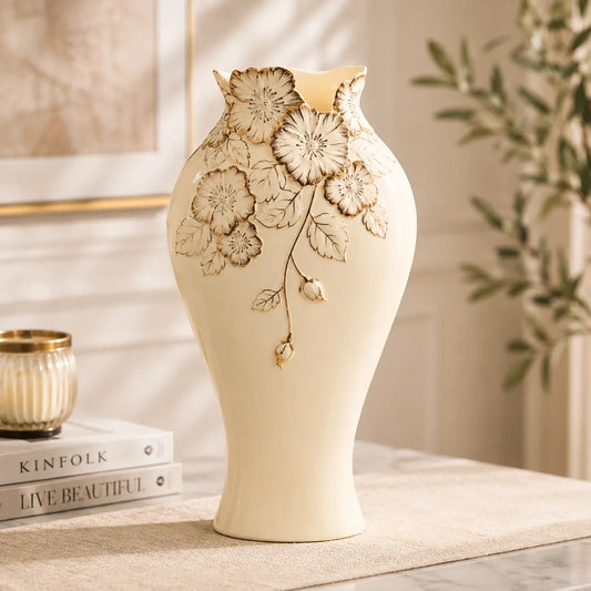ORENVY Embossed Floral Ceramic Vase – Ivory Botanical Decorative Vase