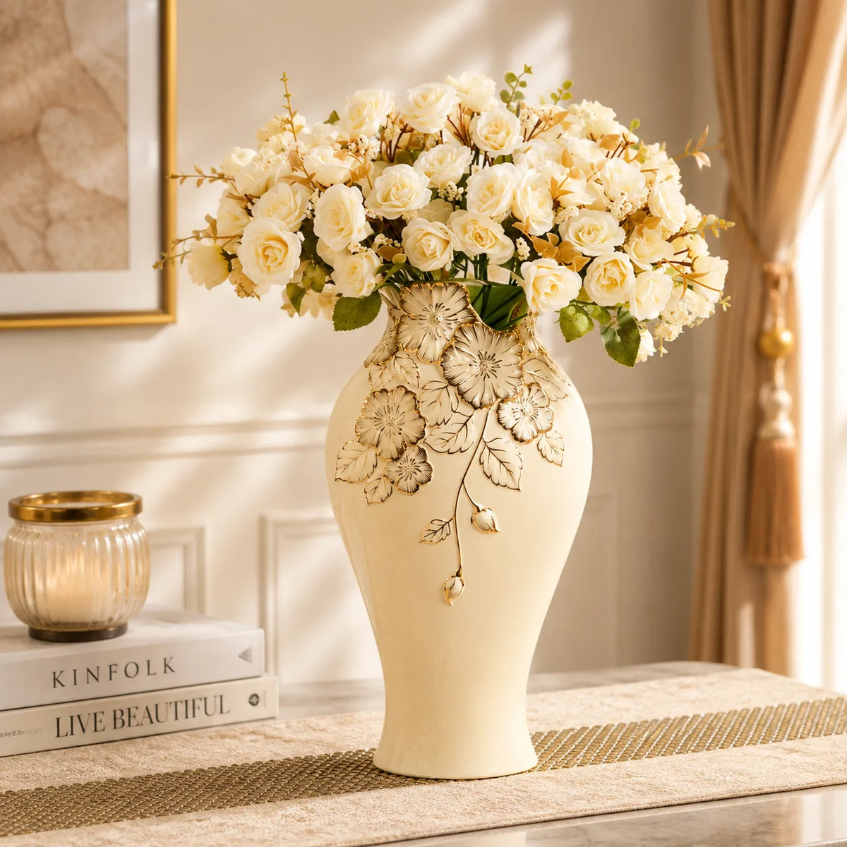 ORENVY Embossed Floral Ceramic Vase – Ivory Botanical Decorative Vase