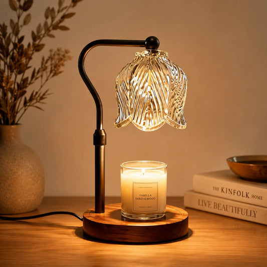 ORENVY Aurora Candle Warmer Lamp – Ribbed Glass Shade & Solid Wood Base