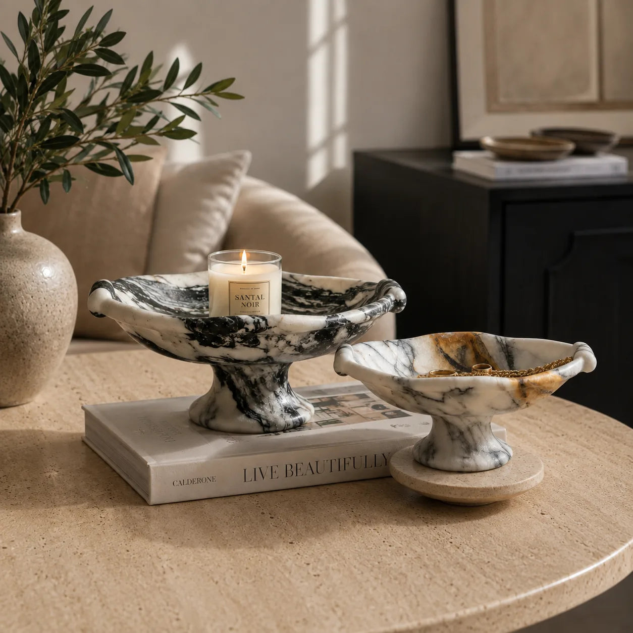 Nordic Travertine Pedestal Tray | Modern Luxury Decorative Accent