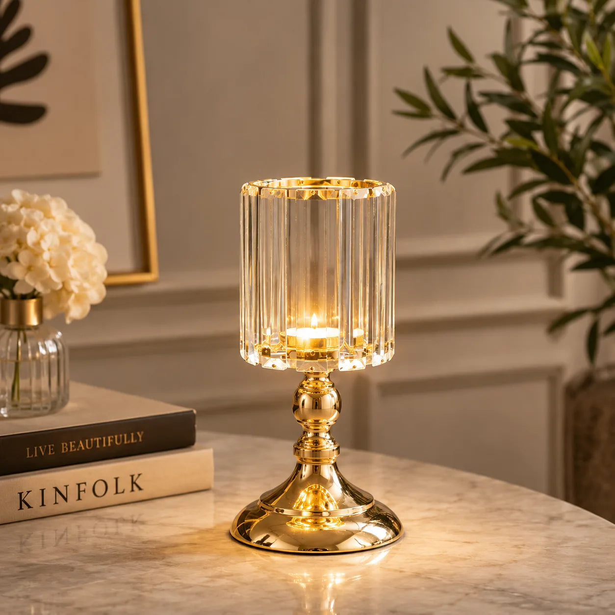 ORENVY Luxe Crystal & Gold Hurricane Candle Holder