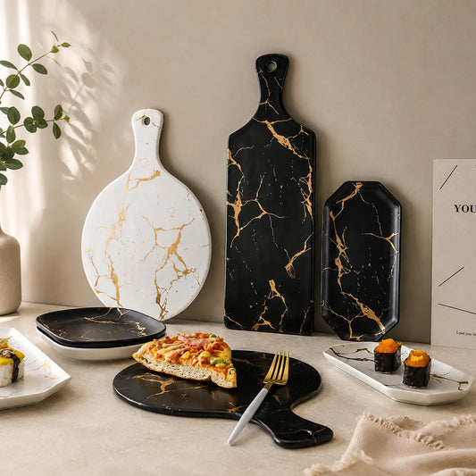 Nordic Marble & Gold Ceramic Decorative Tray | Luxury Coffee Table Serving Tray