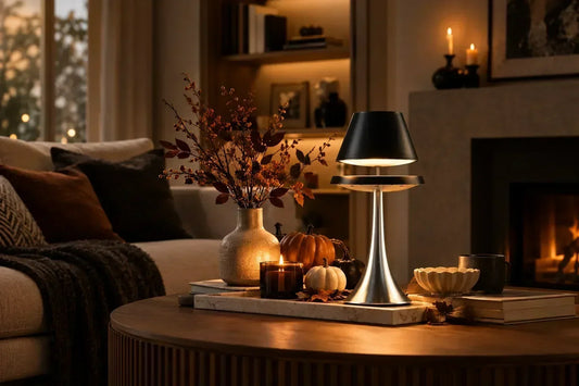 ORENVY Levita magnetic floating table lamp in a warm modern Halloween-inspired interior