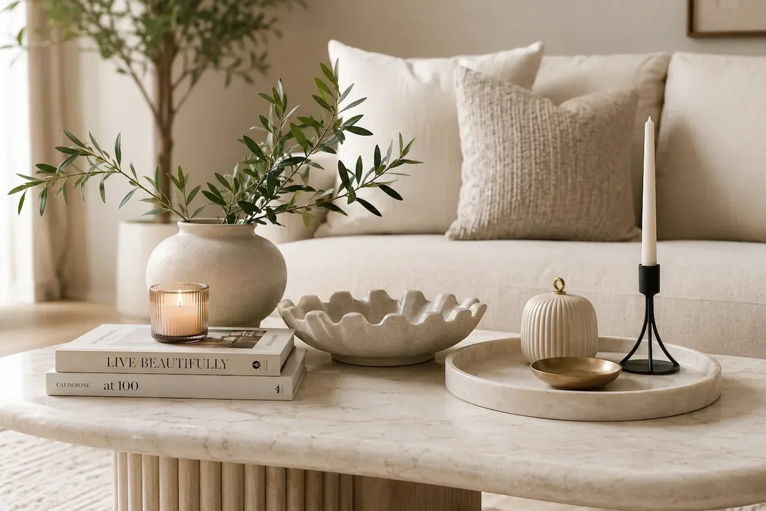 Modern Scandinavian coffee table styled with ceramic vase, candle, tray, and decorative accessories in a bright living room.