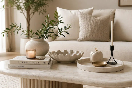 Modern Scandinavian coffee table styled with ceramic vase, candle, tray, and decorative accessories in a bright living room.