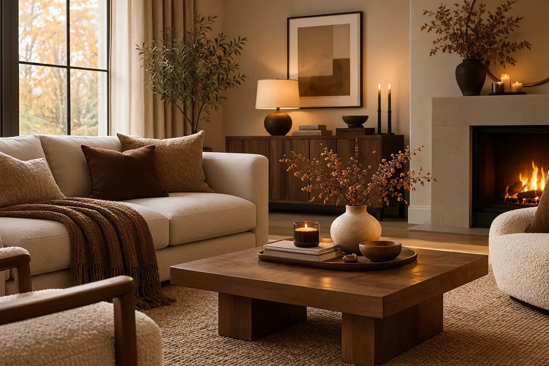 Elegant modern living room with warm cream, cocoa brown, natural wood, sculptural décor, and warm ambient lighting.