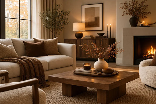 Elegant modern living room with warm cream, cocoa brown, natural wood, sculptural décor, and warm ambient lighting.