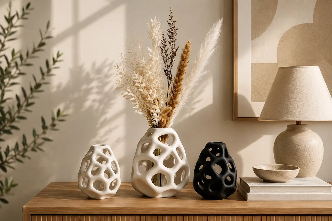 Modern dining room with a ceramic vase centerpiece and elegant 2026 home decor
