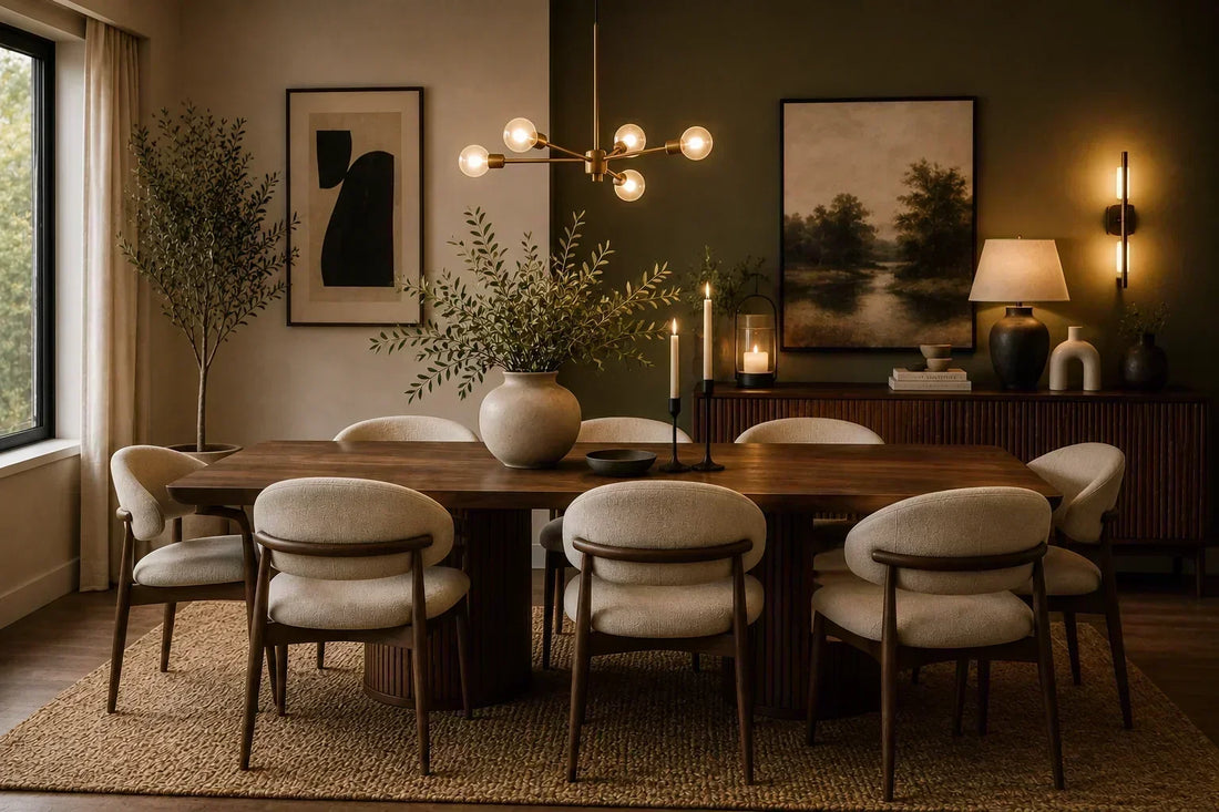 Modern elegant dining room with warm wood furniture, upholstered chairs and statement lighting for 2026 dining room trends