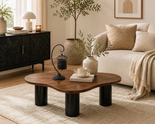 Bright Scandinavian living room featuring a modern walnut coffee table, neutral furniture, ceramic décor, and natural wood accents.