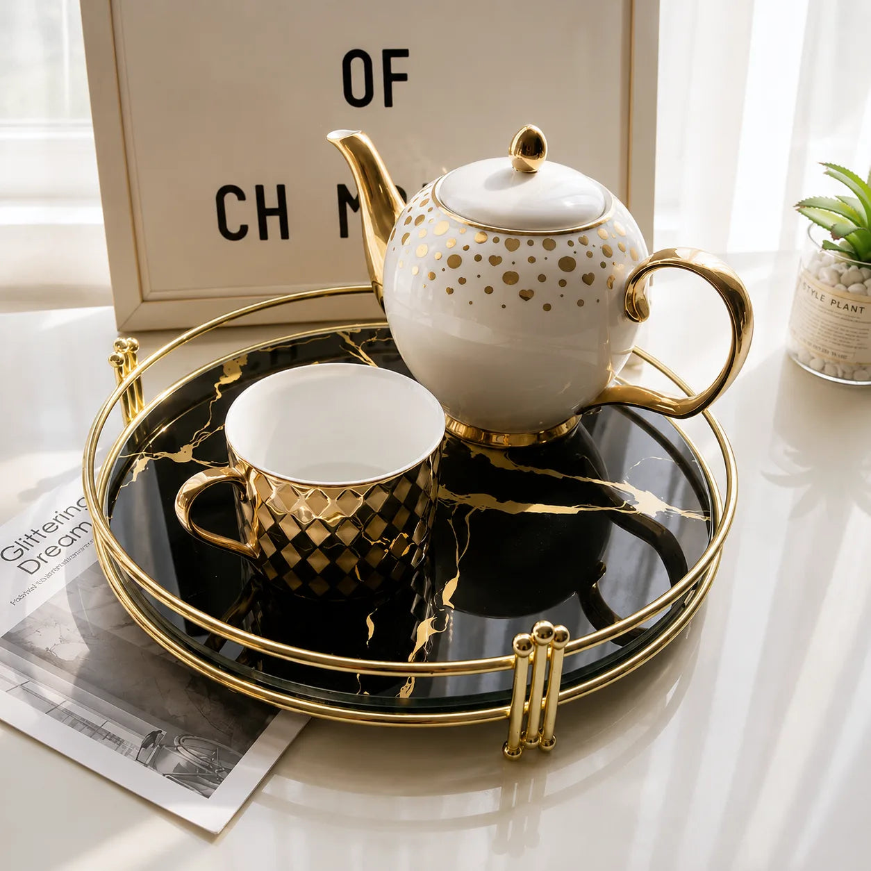 Luxury Marble Mirror Tea Tray | Decorative Coffee Table Serving Tray