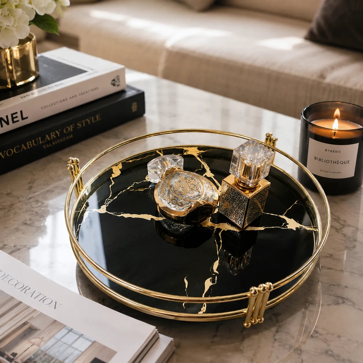 Luxury Marble Mirror Tea Tray | Decorative Coffee Table Serving Tray