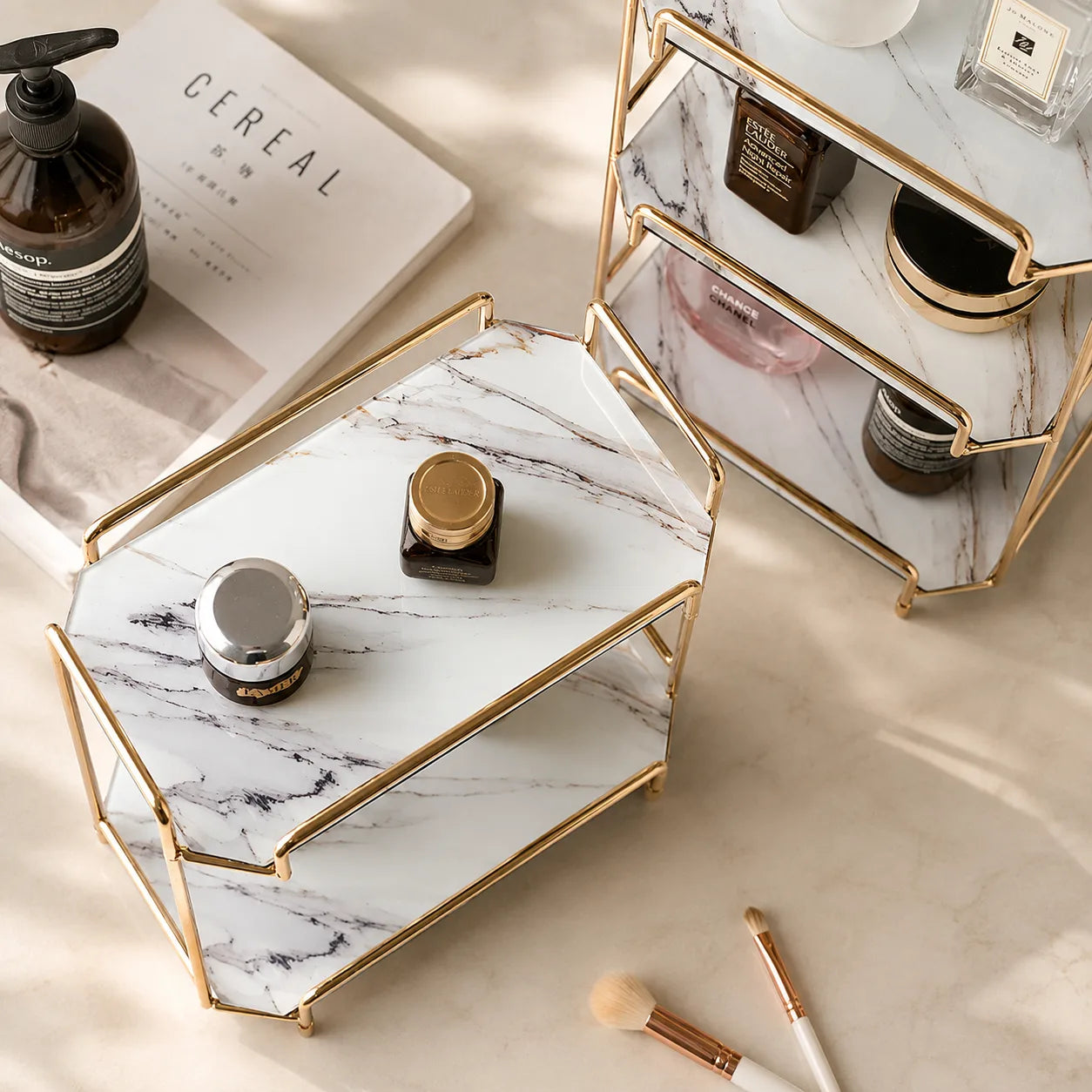 ORENVY Marble-Style Vanity Organizer – Gold Metal Multi-Tier Storage Rack