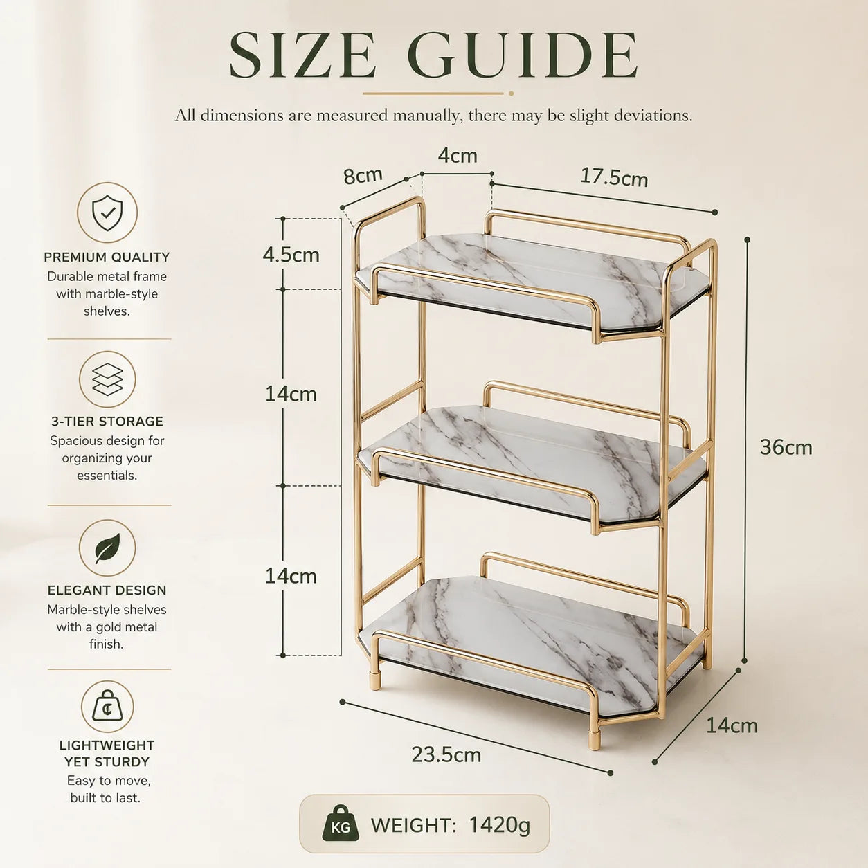 ORENVY Marble-Style Vanity Organizer – Gold Metal Multi-Tier Storage Rack
