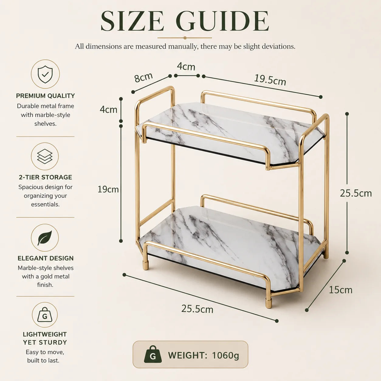 ORENVY Marble-Style Vanity Organizer – Gold Metal Multi-Tier Storage Rack