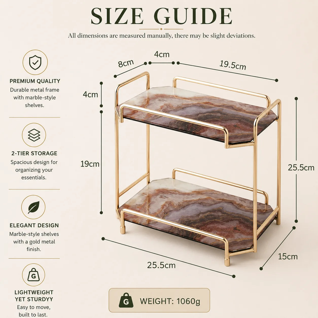 ORENVY Marble-Style Vanity Organizer – Gold Metal Multi-Tier Storage Rack