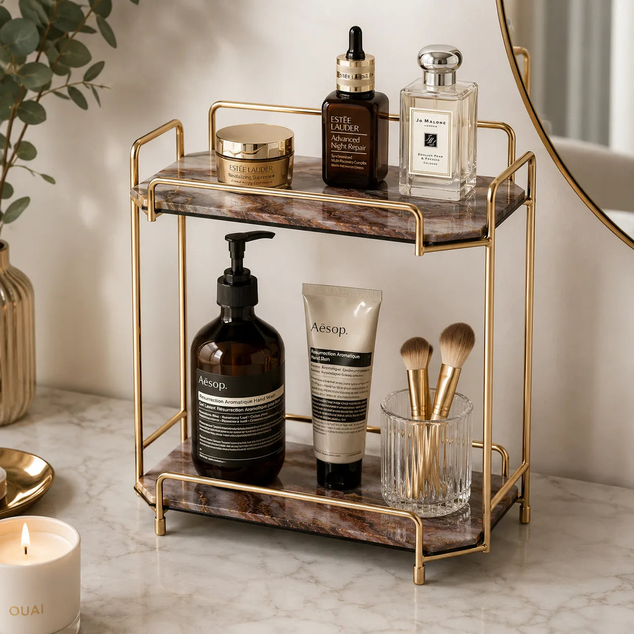 ORENVY Marble-Style Vanity Organizer – Gold Metal Multi-Tier Storage Rack