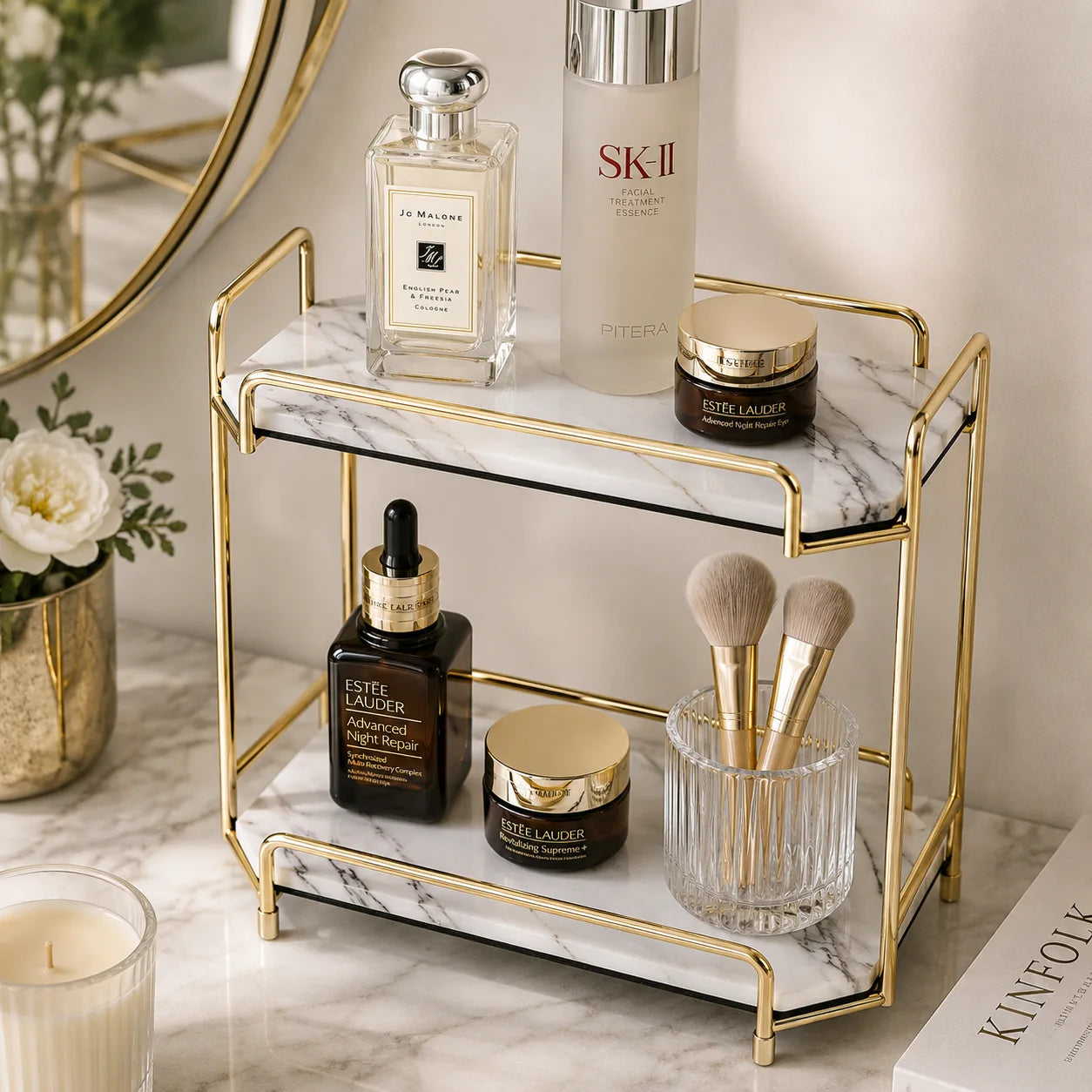 ORENVY Marble-Style Vanity Organizer – Gold Metal Multi-Tier Storage Rack