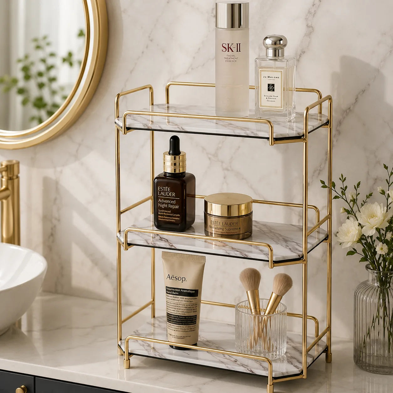 ORENVY Marble-Style Vanity Organizer – Gold Metal Multi-Tier Storage Rack