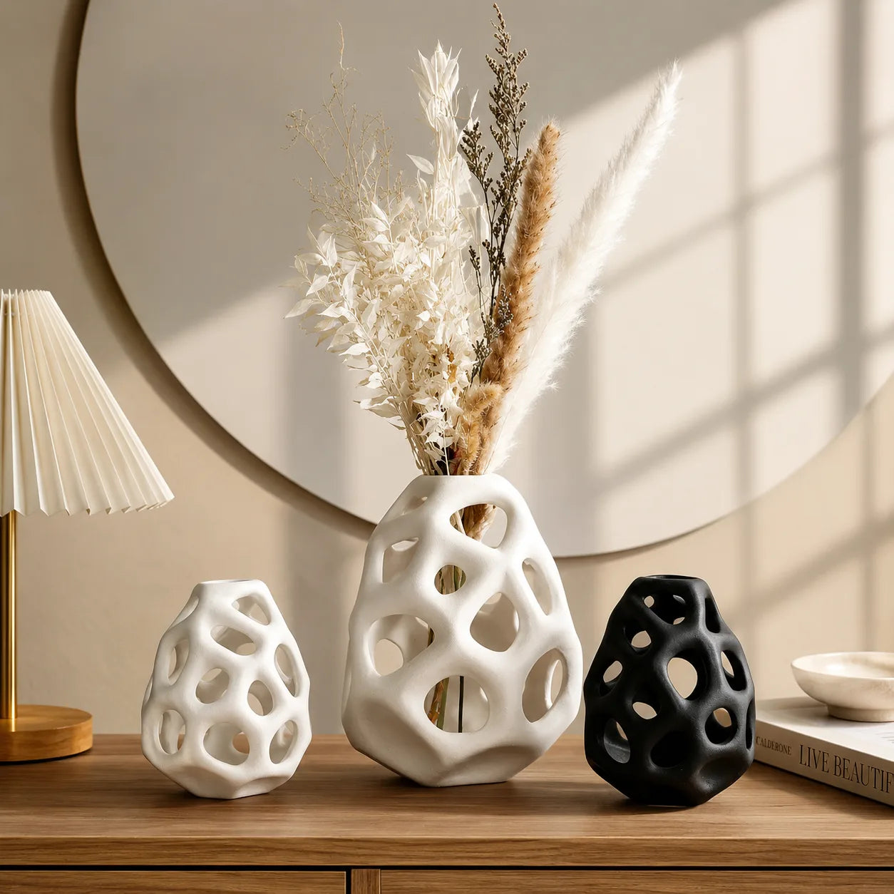 Nordic Ceramic Hollow Sphere Sculpture – Modern Minimalist Home Décor Accent