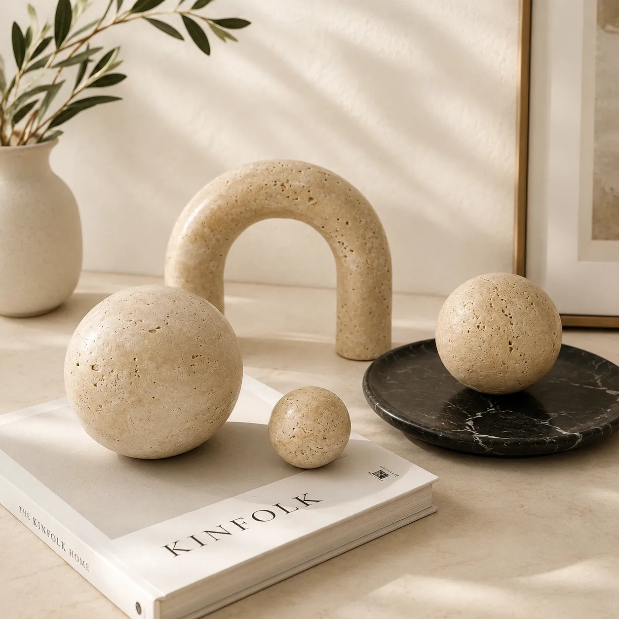 LUNA Travertine Sculpture Set | Scandinavian Geometric Decorative Objects