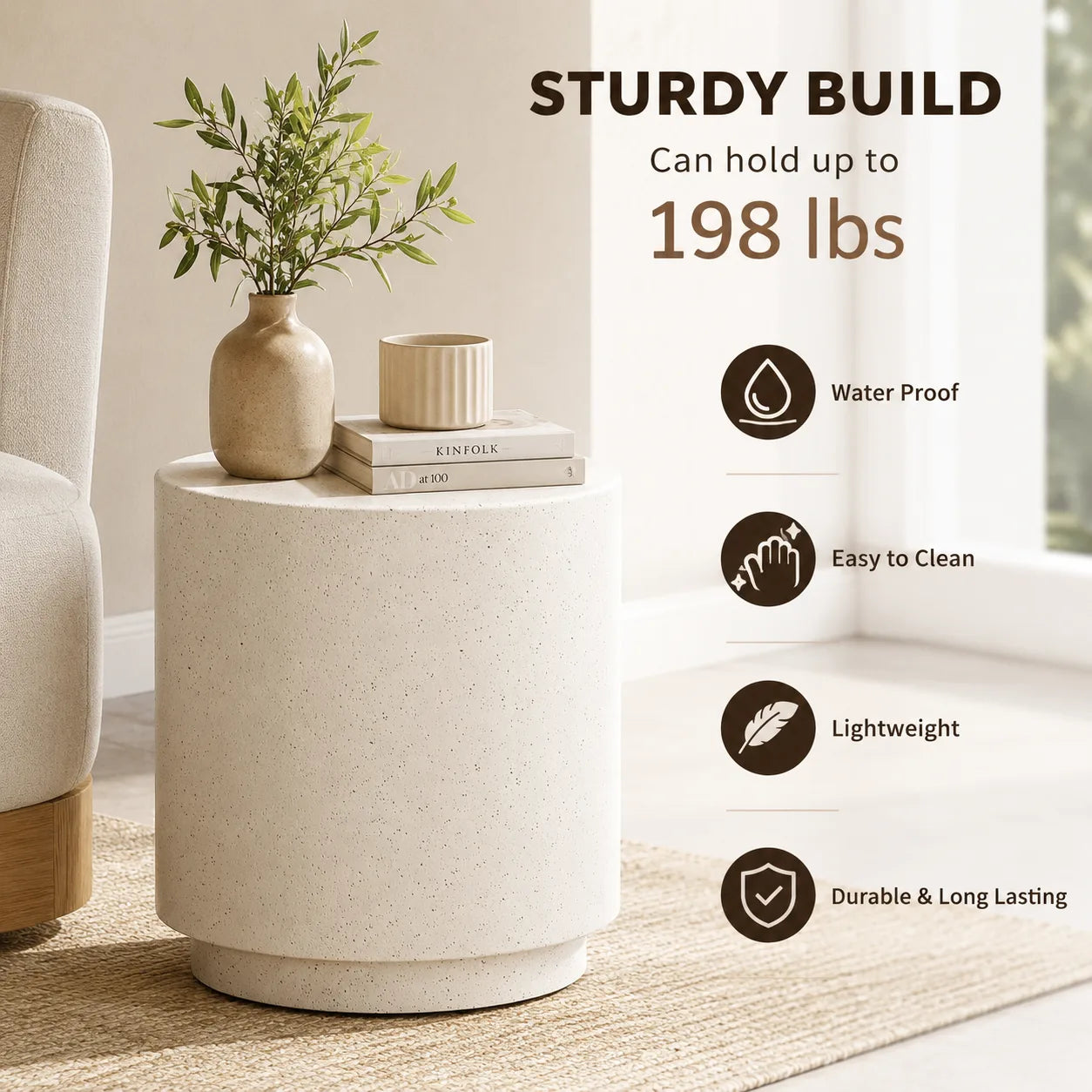 Cream Concrete Accent Side Table | Modern Minimalist End Table
