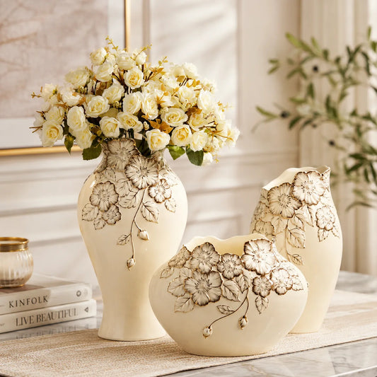 ORENVY Embossed Floral Ceramic Vase – Ivory Botanical Decorative Vase