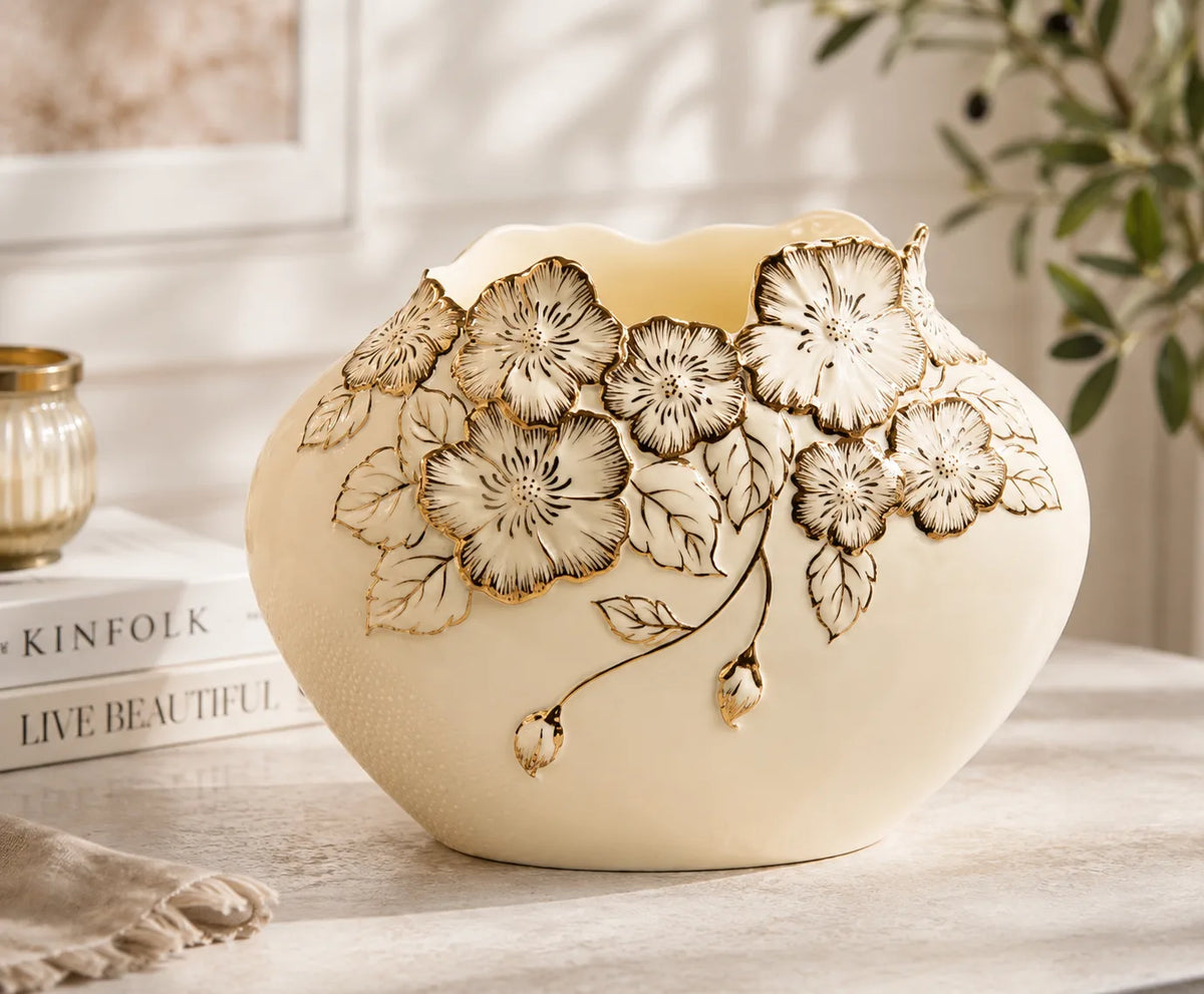 ORENVY Embossed Floral Ceramic Vase – Ivory Botanical Decorative Vase