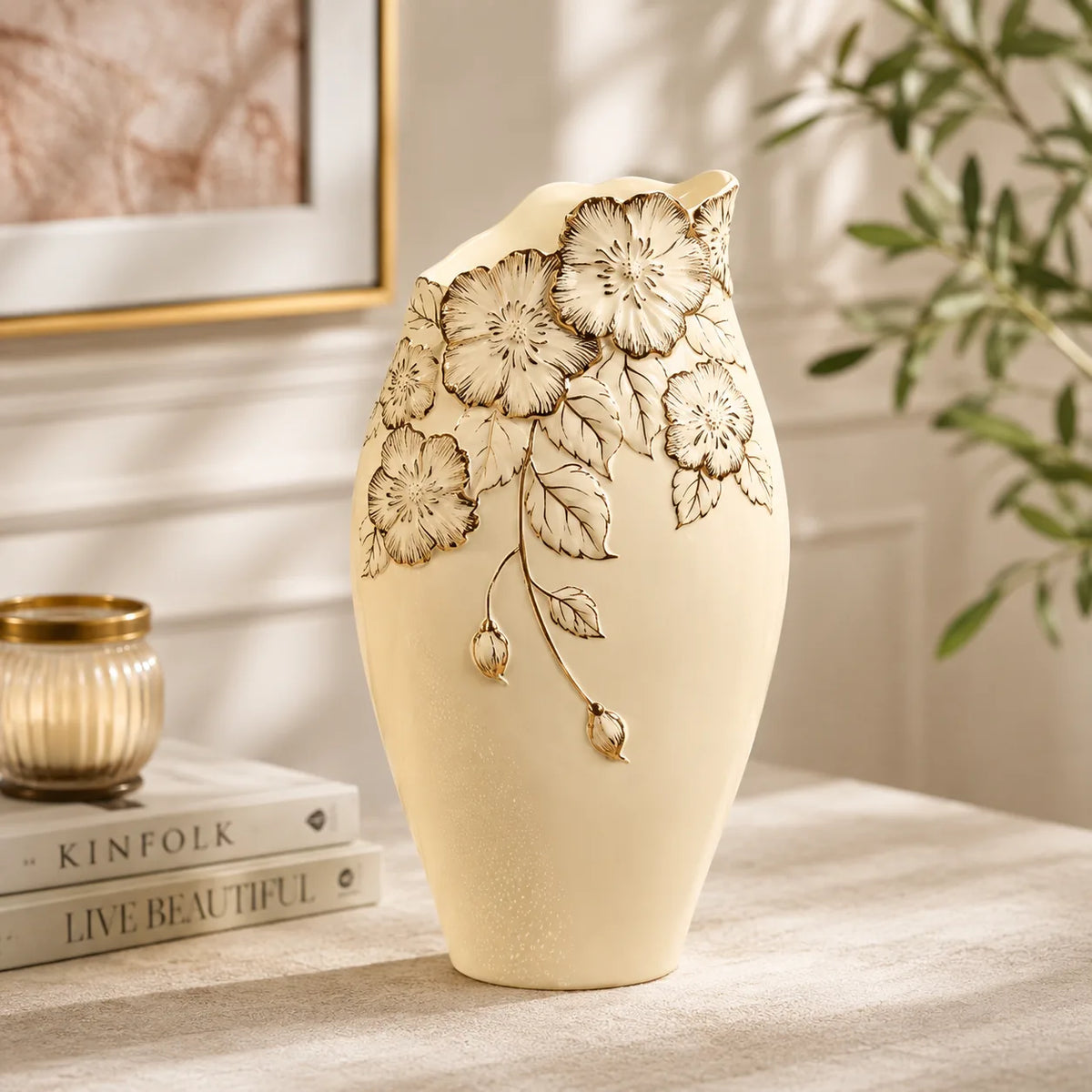 ORENVY Embossed Floral Ceramic Vase – Ivory Botanical Decorative Vase