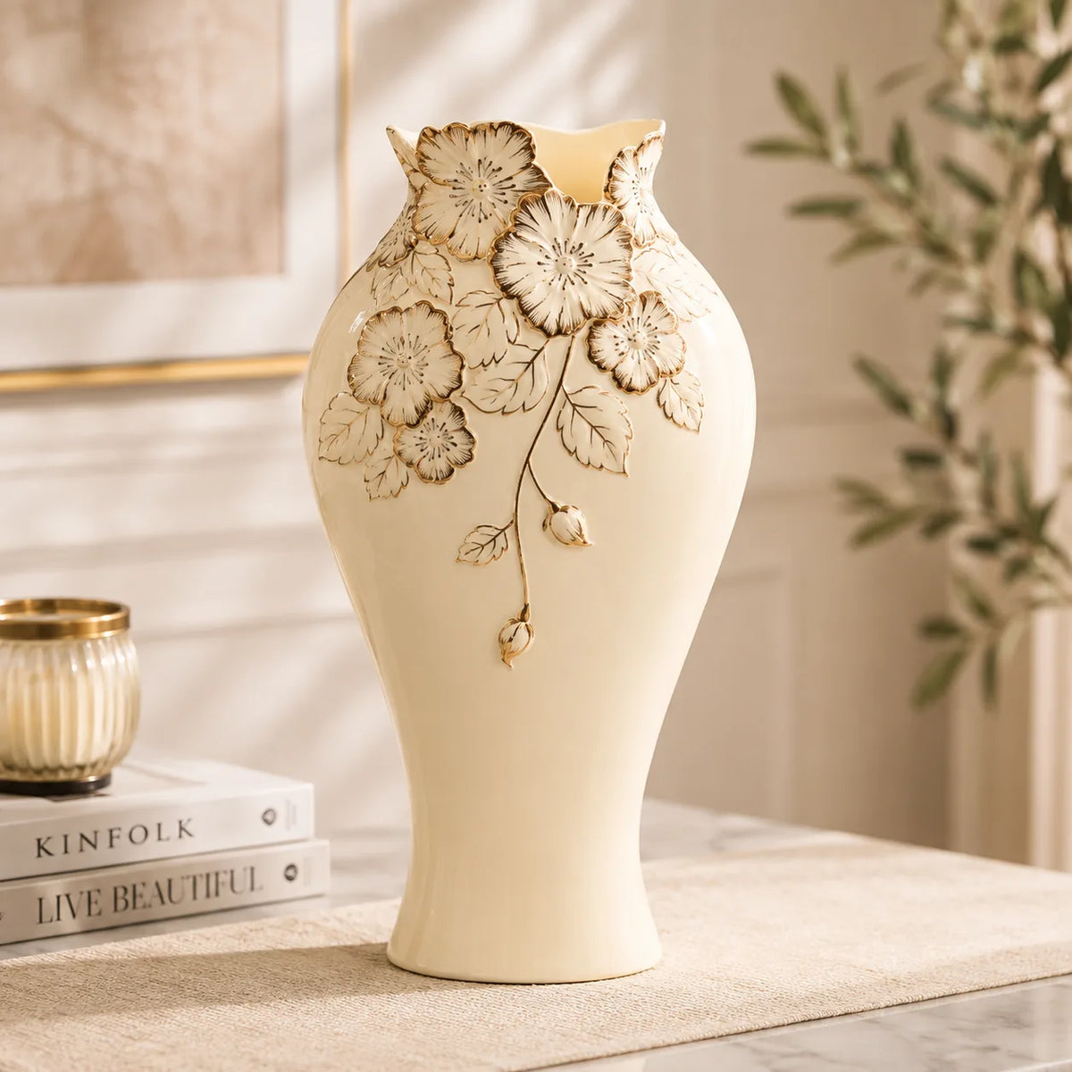ORENVY Embossed Floral Ceramic Vase – Ivory Botanical Decorative Vase