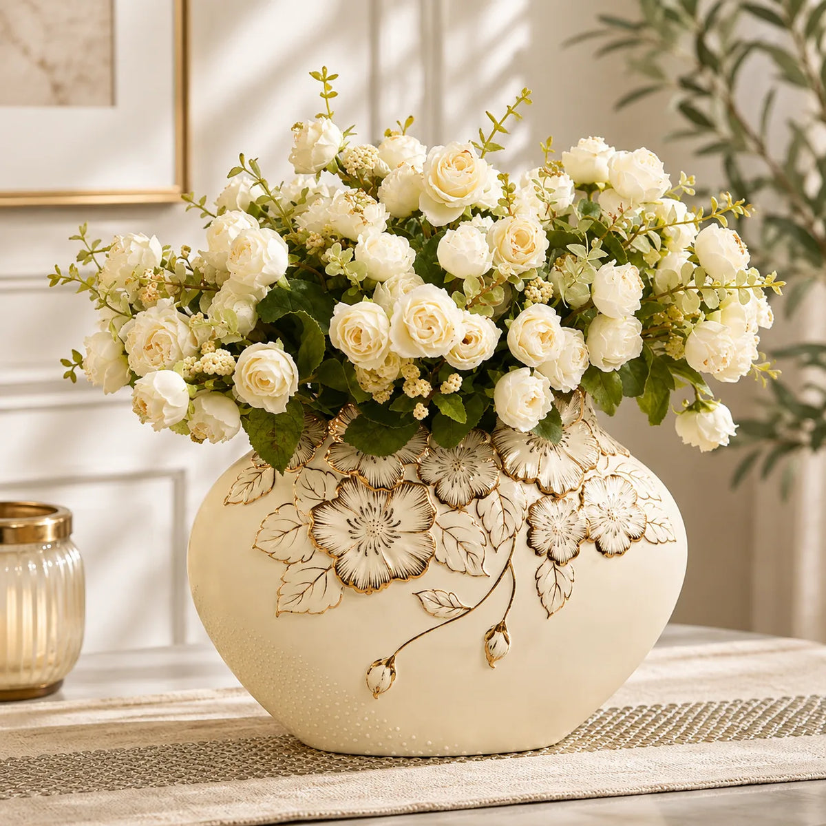 ORENVY Embossed Floral Ceramic Vase – Ivory Botanical Decorative Vase