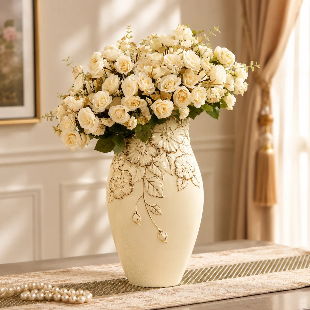 ORENVY Embossed Floral Ceramic Vase – Ivory Botanical Decorative Vase