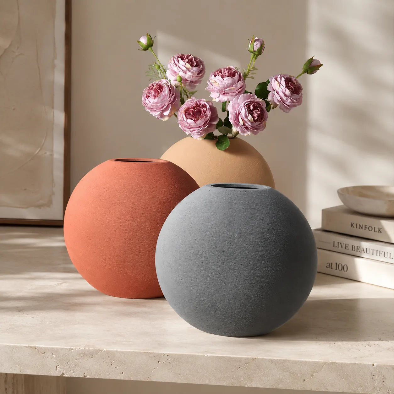ORENVY Morandi Sculptural Ceramic Vase – Modern Round Decorative Vase