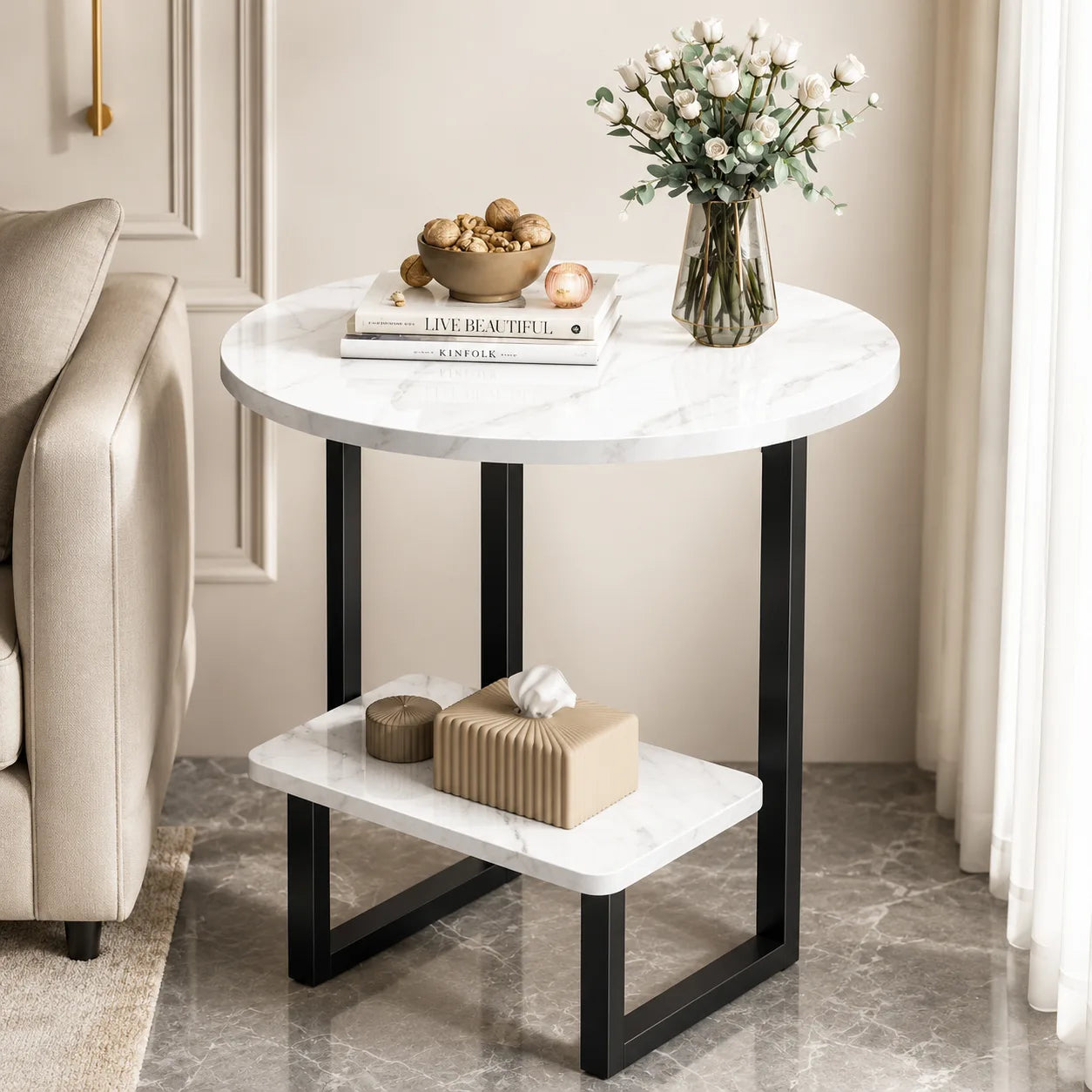 ORENVY LUNA Two-Tier Marble Side Table | Modern Round Accent Table