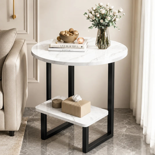 ORENVY LUNA Two-Tier Marble Side Table | Modern Round Accent Table