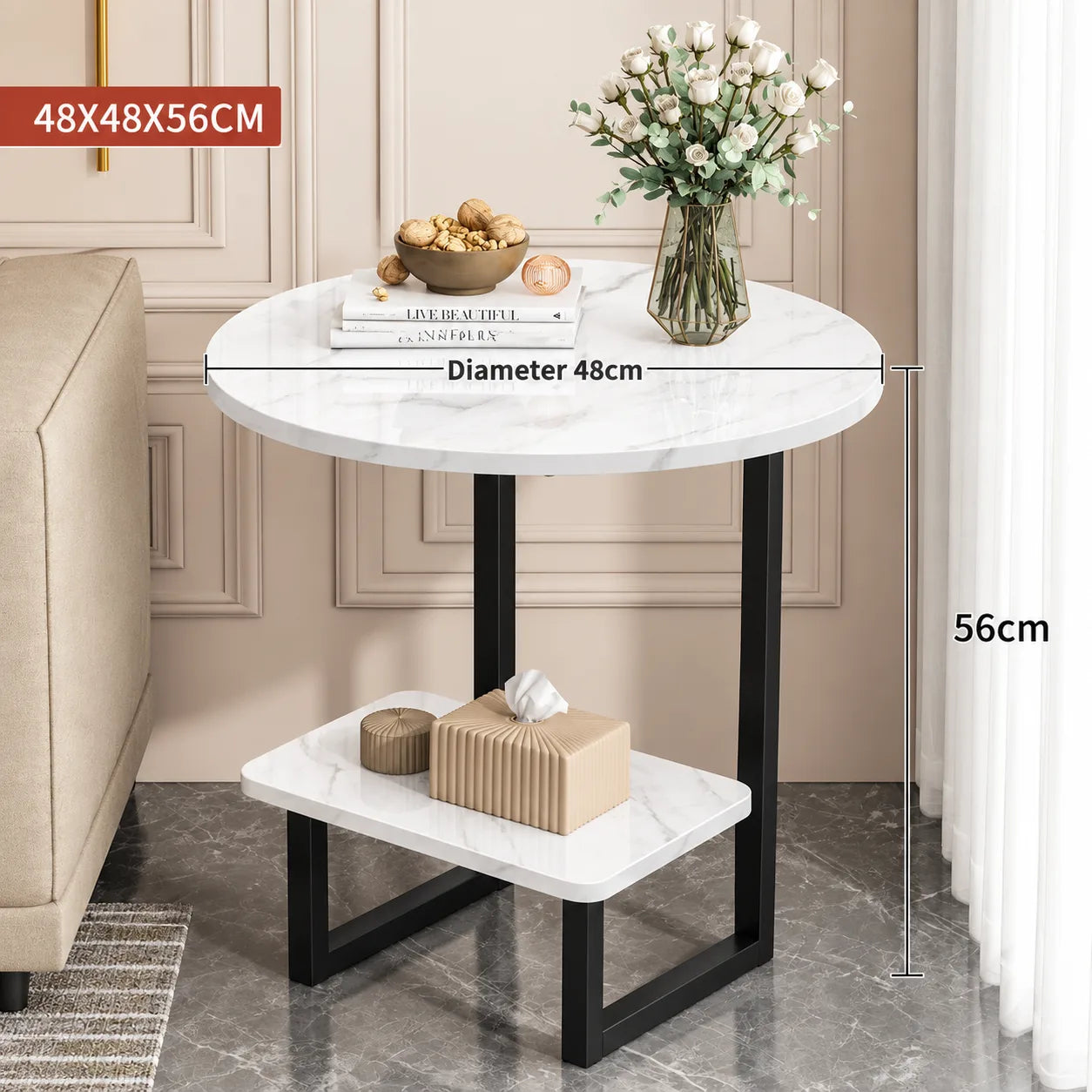 ORENVY LUNA Two-Tier Marble Side Table | Modern Round Accent Table