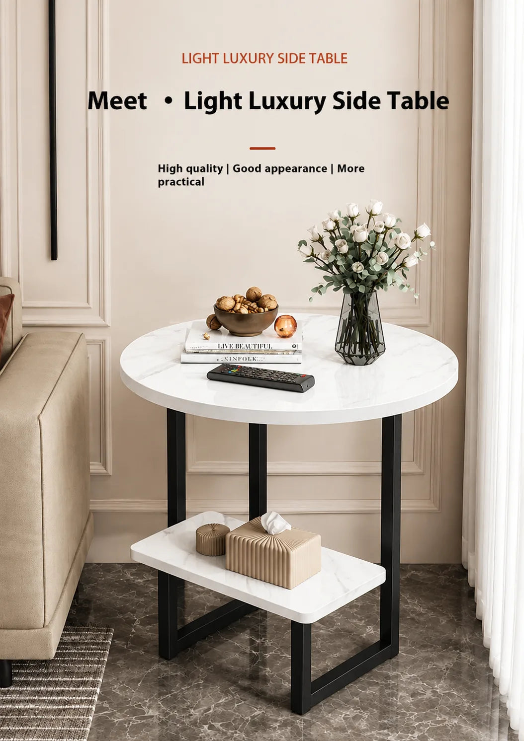 ORENVY LUNA Two-Tier Marble Side Table | Modern Round Accent Table