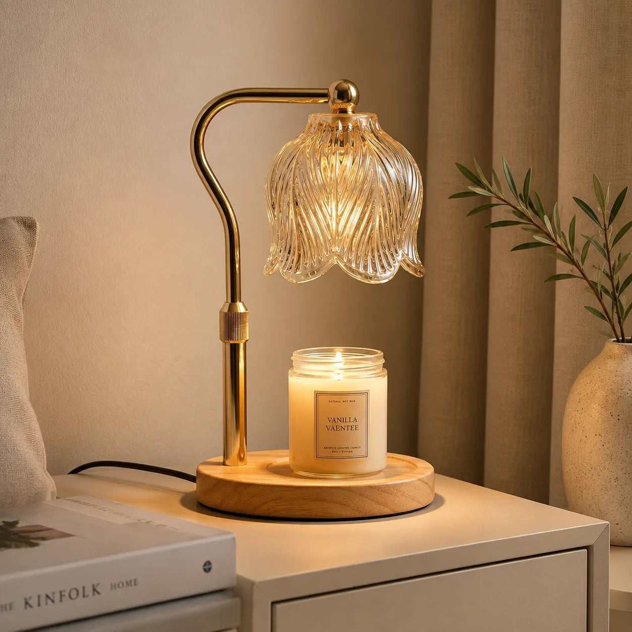 ORENVY Aurora Candle Warmer Lamp – Ribbed Glass Shade & Solid Wood Base