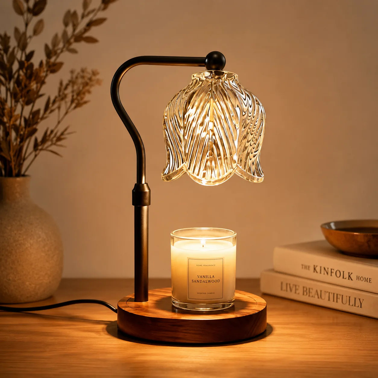 ORENVY Aurora Candle Warmer Lamp – Ribbed Glass Shade & Solid Wood Base