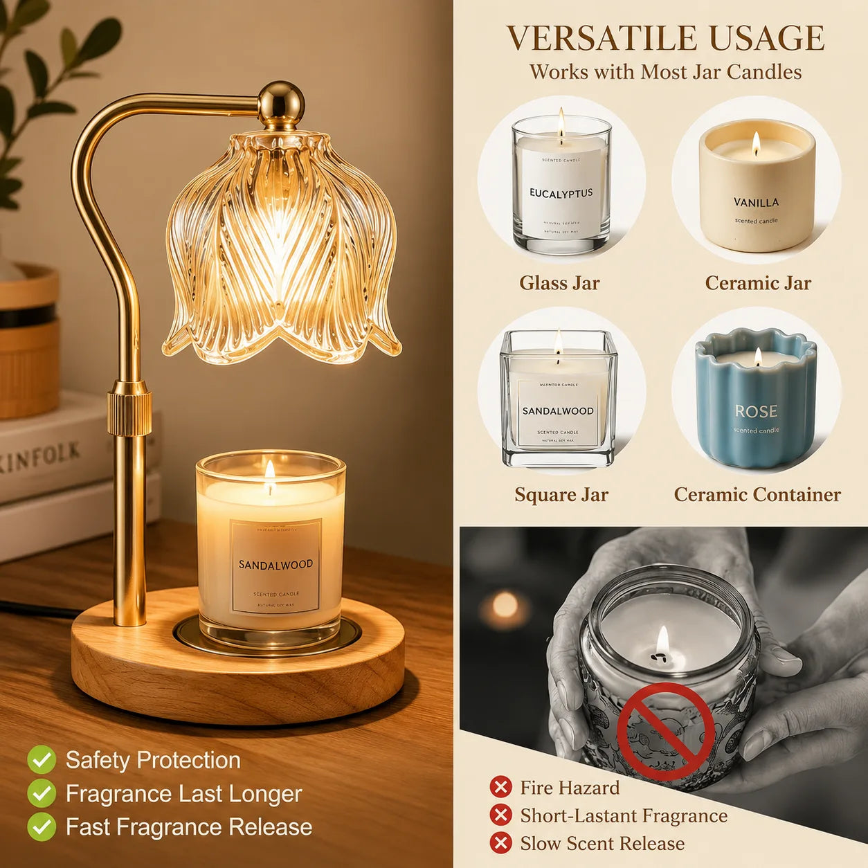 ORENVY Aurora Candle Warmer Lamp – Ribbed Glass Shade & Solid Wood Base