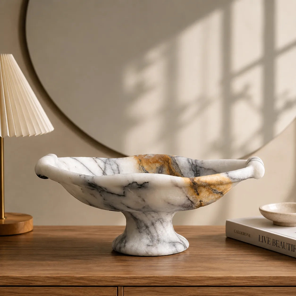 Nordic Travertine Pedestal Tray | Modern Luxury Decorative Accent