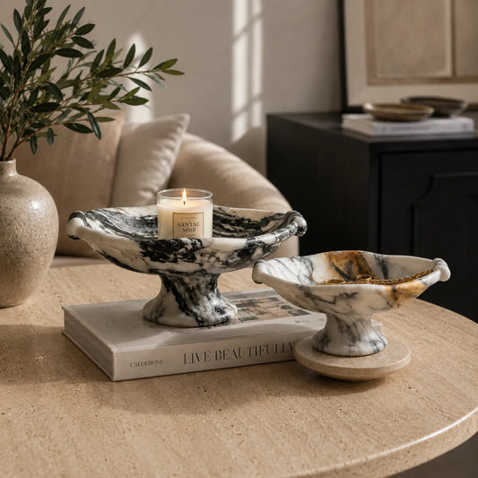 Nordic Travertine Pedestal Tray | Modern Luxury Decorative Accent