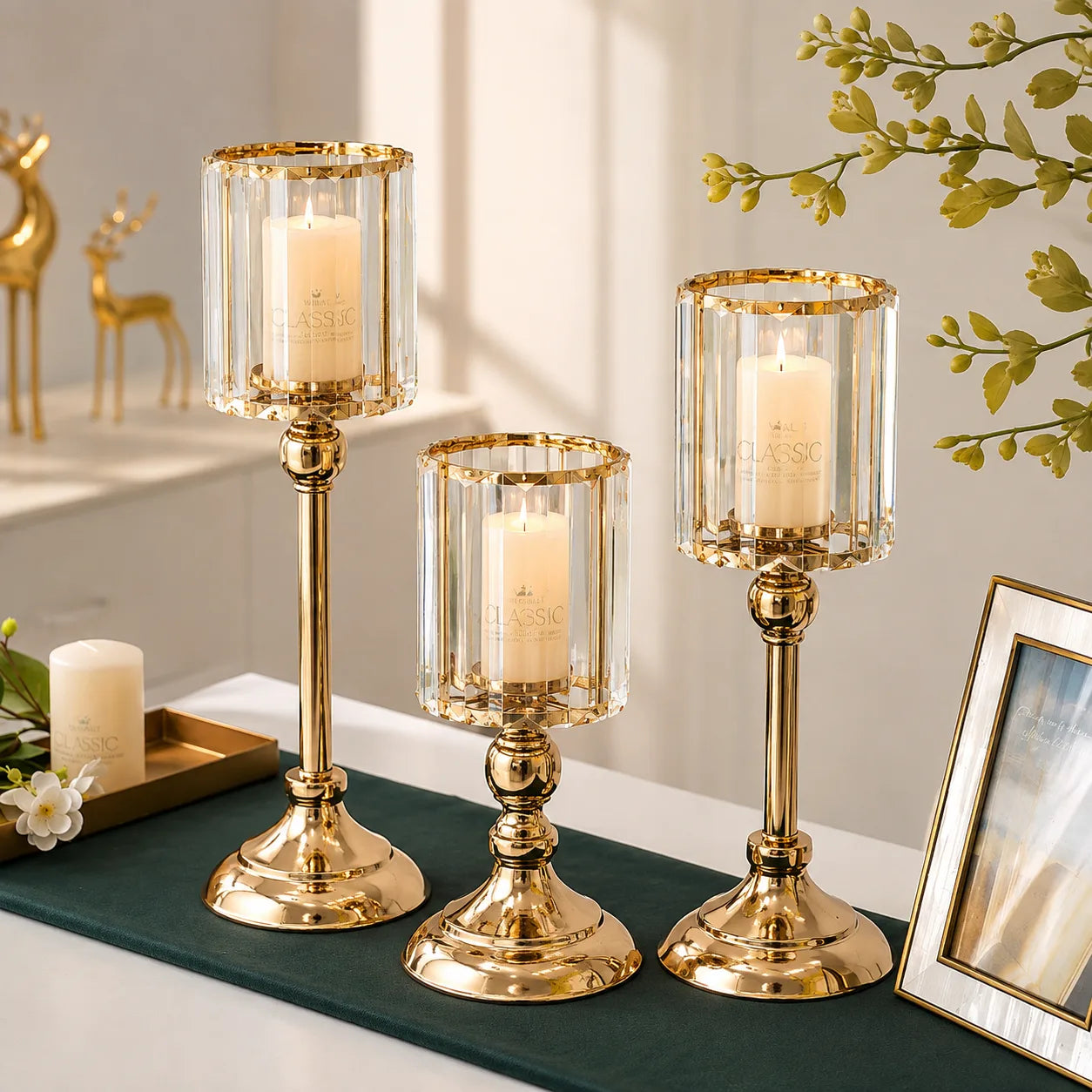 ORENVY Luxe Crystal & Gold Hurricane Candle Holder