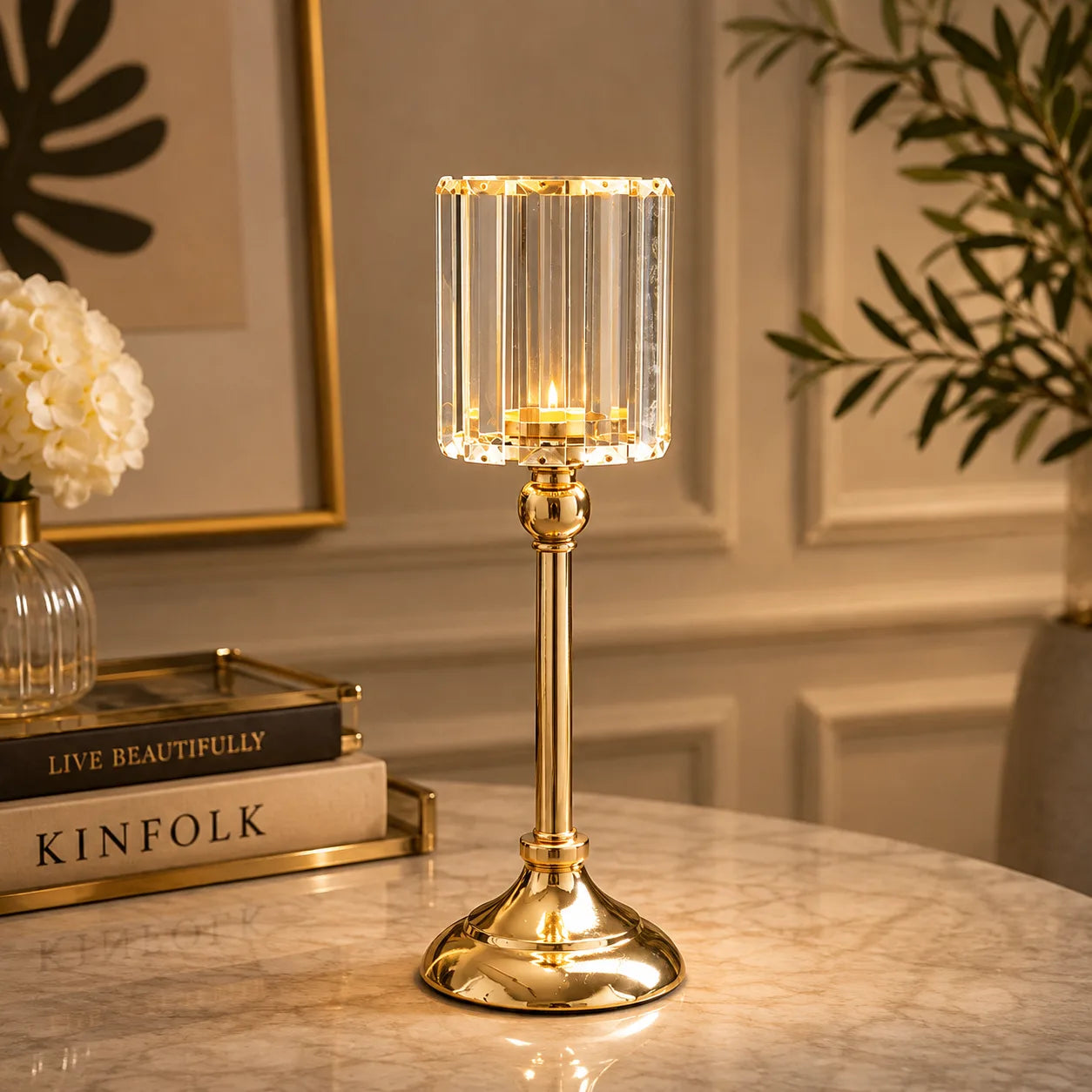 ORENVY Luxe Crystal & Gold Hurricane Candle Holder