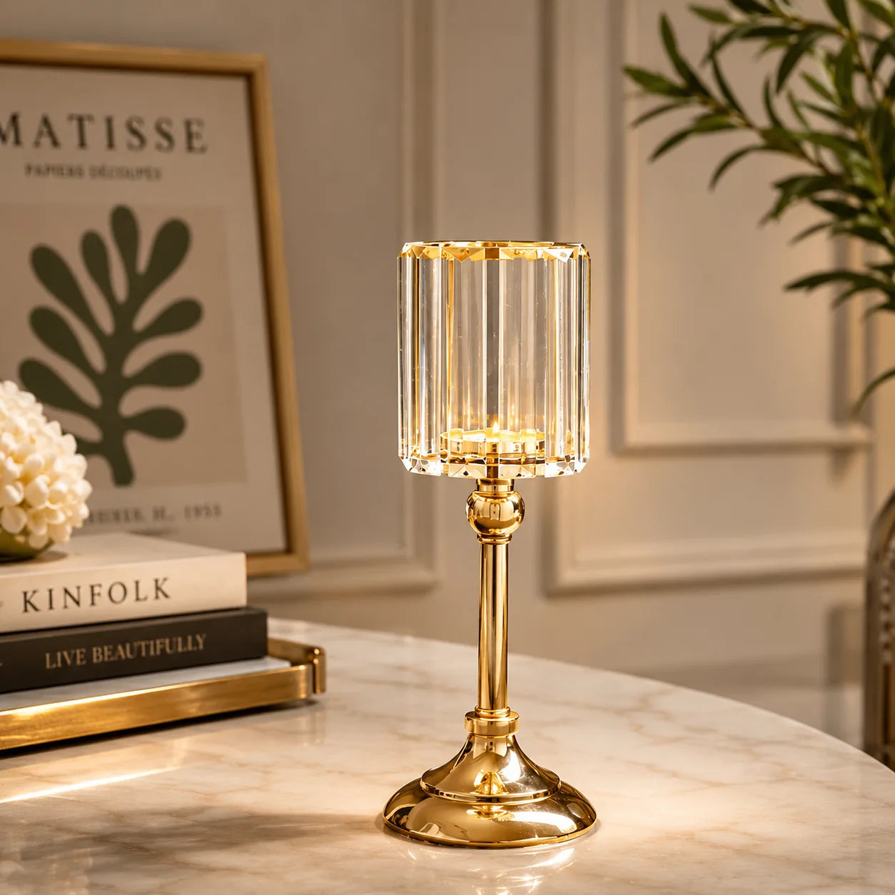 ORENVY Luxe Crystal & Gold Hurricane Candle Holder