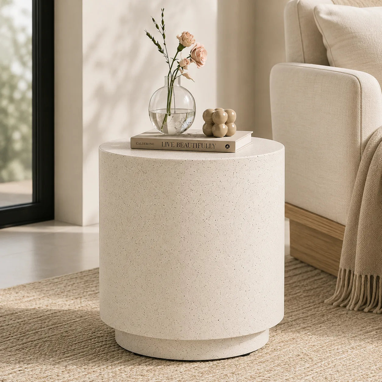 Cream Concrete Accent Side Table | Modern Minimalist End Table