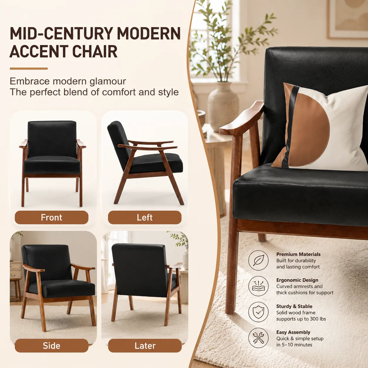 Nordic Mid-Century Accent Chair | Solid Wood Reading Chair