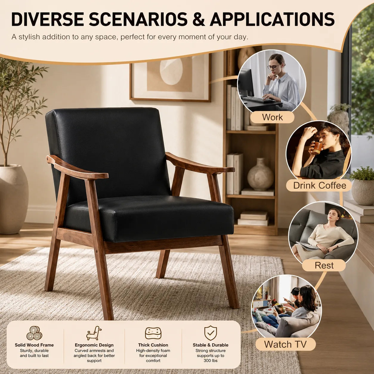 Nordic Mid-Century Accent Chair | Solid Wood Reading Chair