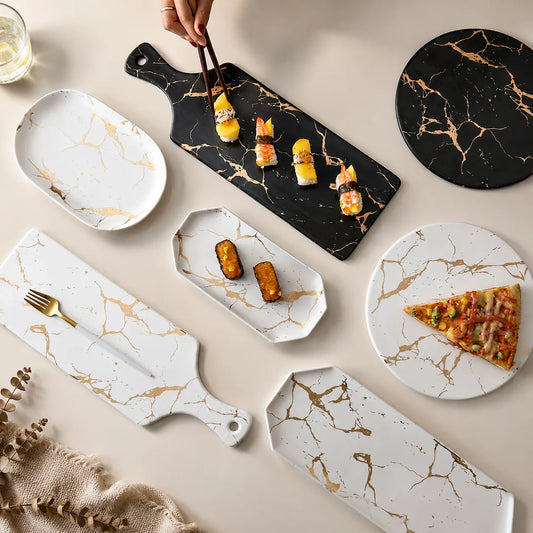 Nordic Marble & Gold Ceramic Decorative Tray | Luxury Coffee Table Serving Tray